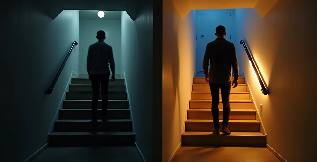 Visual comparison showing delayed smart bulb versus instant sensor light activation on stairs