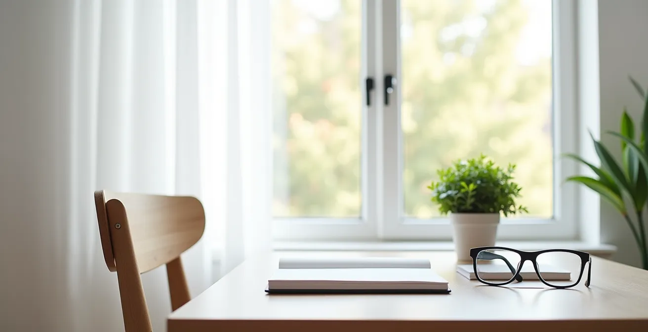 Wide shot of organized home space prepared for virtual medical consultation