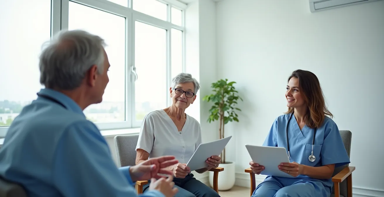 Three people of different ages demonstrating circular communication in medical setting