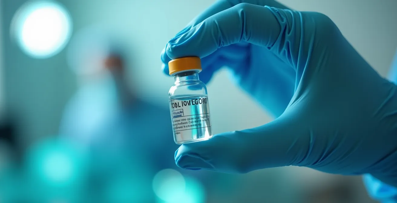Close-up of medical professional's gloved hand holding vaccine vial with soft focus background