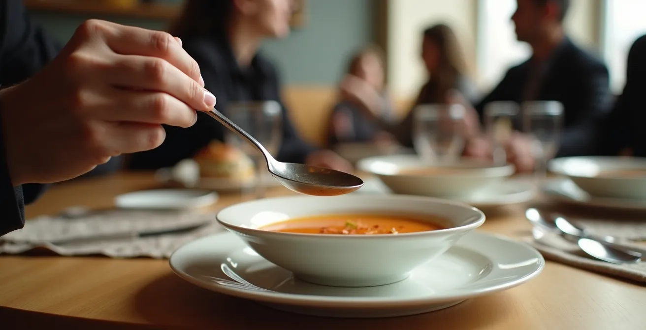 Weighted spoon being used steadily to eat soup, demonstrating tremor control in an elegant dining setting
