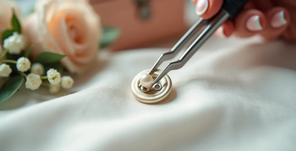Elegant button hook tool being used to fasten formal wear buttons with minimal hand strain Elegant button hook tool being used to fasten formal wear buttons with minimal hand strain